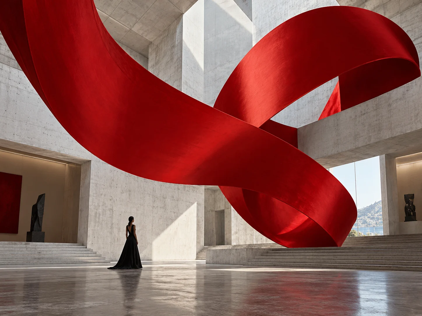 Uma fita vermelha monumental atravessa um museu de concreto.