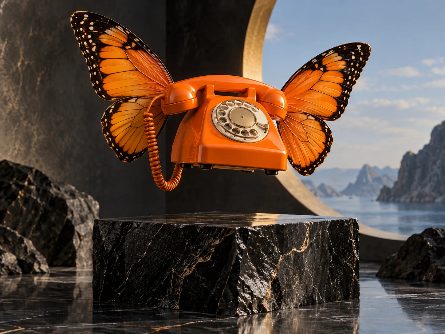 Telefone laranja com asas de borboleta sobre um pedestal escuro.