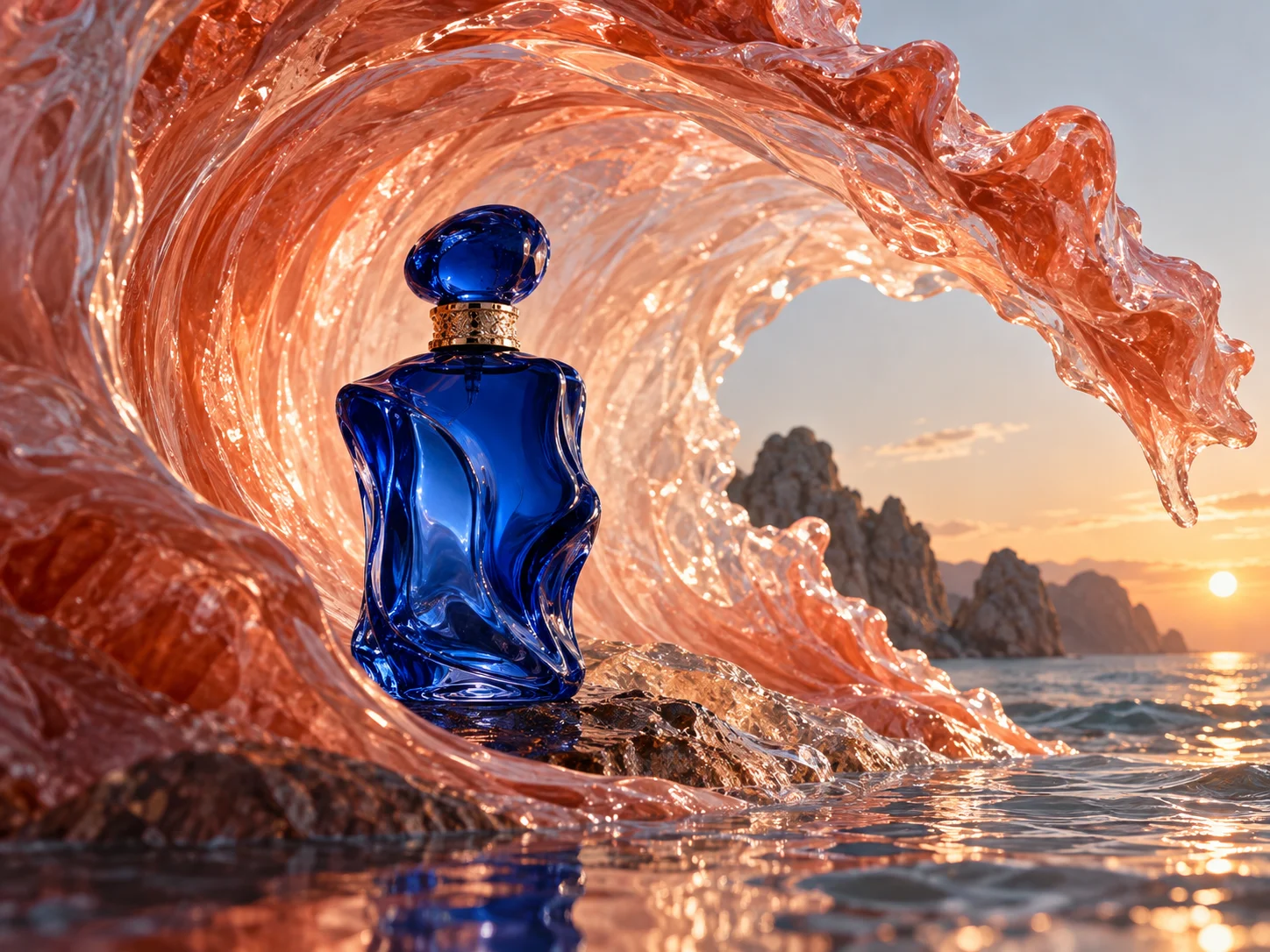 Frasco azul de perfume dentro de uma onda coral translúcida.